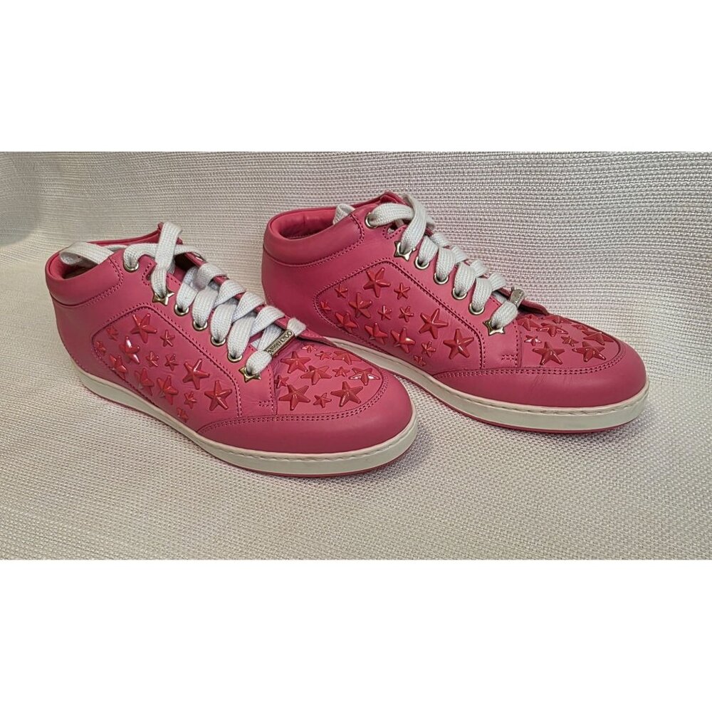 Jimmy Choo "Miami" Pink Star Studded Sneakers Size 6 High-Top Leather Women's
